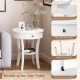 Round white end table with open drawer and shelf, made of MDF, perfect for bedside or living room use.